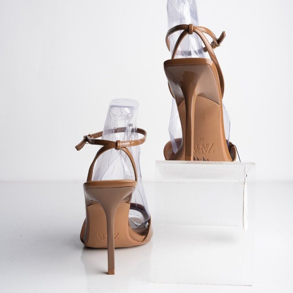 Zara Womens Glossy Mule Strappy Heels Brown US 7.5 EU 38 New with Defects - Picture 6 of 9